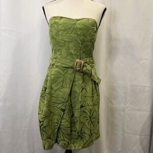 Green Tropical Leaf Print Strapless Belted Mini Dress Sweetheart Neckline